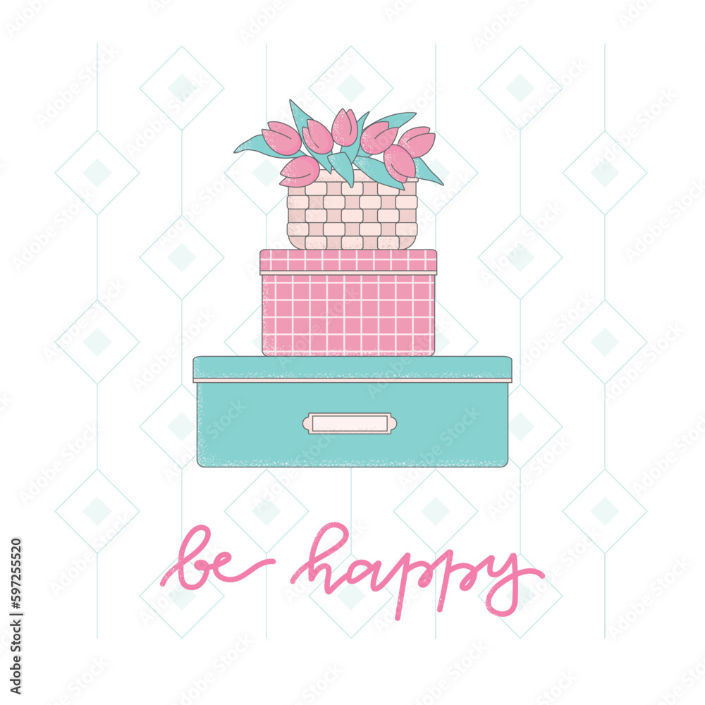Girls room interior boxes, bouquet of pink tulips. Flowers in a woven basket. Vector flat illustration for card, tag, package