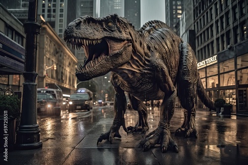 The raptor dinosaur walks the streets of the city and scares the inhabitants  a big and scary predator generative AI.