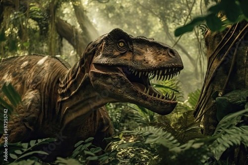 A tyrannosaurus rex with an open mouth with large and sharp teeth walks through the forest, generative AI. © Niko_Dali