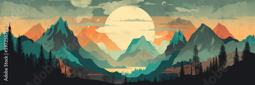Obraz na płótnie Illustration in retro style of a vintage mountain landscape with a colorful sunset and silhouettes of trees and hills