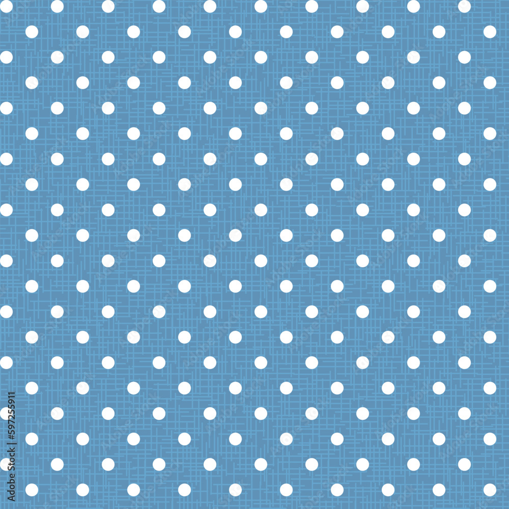 Polka white dot seamless pattern on blue textured background. Vector illustration.
