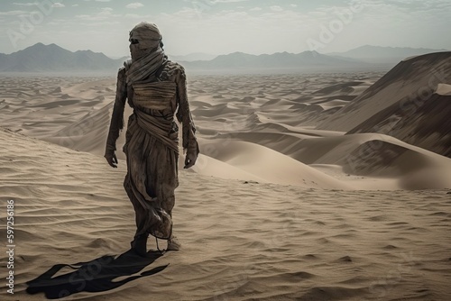 Fotobehang A mummy walks in the desert, a mummified person in the desert, generative AI