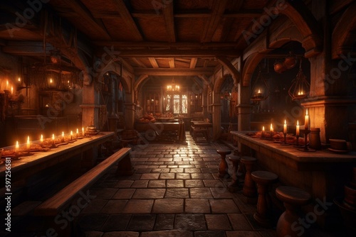 A candlelit and fiery medieval tavern interior rendered in 3D. Generative AI