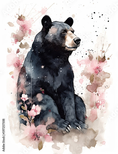 Black bear, asian style, Japanese, watercolor, cherry blossoms, digital prints, digital resources. Generative AI