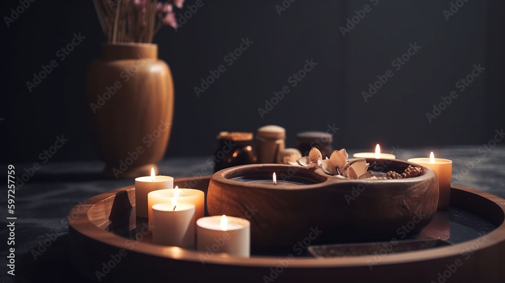 Beautiful spa composition on massage table in wellness center, generative ai Beautiful spa composition on massage table in wellness center, generative ai