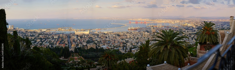 Panorama view of evening Haifa city, Israel. View of Haifa port