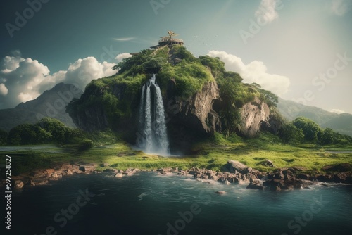 A green island hovers above with mountains, waterfall in the sky. Generative AI