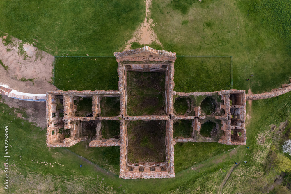 aerial view on overlooking restoration of the historic castle or palace