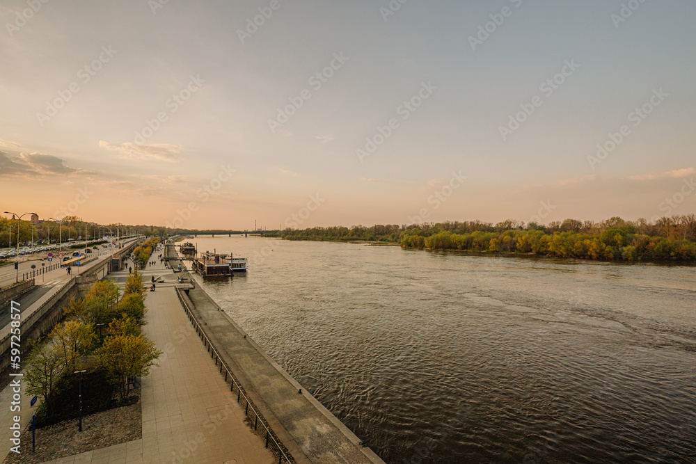 Vistula River and city downtown in Warsaw, capital of Poland