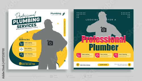 Plumbing service social media post design. Professional plumbing service flyer poster template