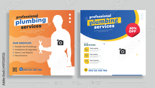 Plumbing service social media post design. Professional plumbing service flyer poster template
