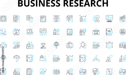 Business research linear icons set. Analysis, Trends, Insights, Survey, Data, Market, Strategy vector symbols and line concept signs. Competitors,Competitive,SWOT illustration