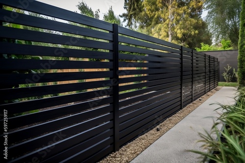 Fototapeta modern black wooden fence - yard fencing - private garden