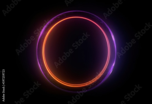 Abstract neon circle, red orange, purple glowing border isolated on a dark background. Colorful light effect. Bright illuminated circle.