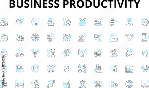 Business productivity linear icons set. Efficiency, Optimization, Streamlining, Innovation, Timeliness, Planning, Collaboration vector symbols and line concept signs. Generative AI