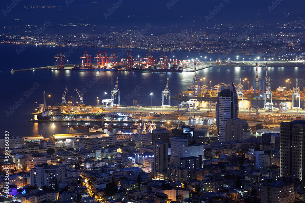 View of evening Haifa city, Israel. Cityscape of Haifa port