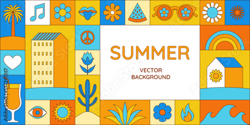 Vector simple flat illustrations and icons, geometric summer pattern and banner, vacation and tropical travel, flowers and plants simple shapes, festival and sale posters