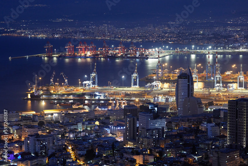 View of evening Haifa city, Israel. Cityscape of Haifa port