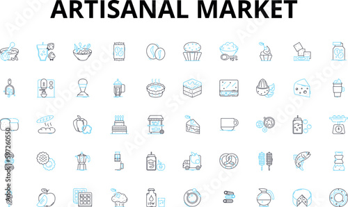 Artisanal market linear icons set. Handcrafted, Local, Unique, Authentic, Artisan, Homemade, Natural vector symbols and line concept signs. Sustainable,Organic,Traditional illustration Generative AI