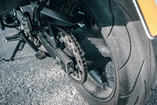 Rear wheel of the motorcycle. Chain gear, sprocket on motorcycle wheel