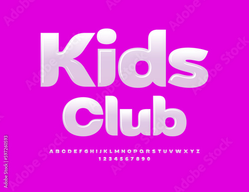 Vector glossy Emblem Kids Club. Cute white Font. Sweet Alphabet Letters, Numbers and Symbols for Children.