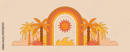 Vector simple flat illustration, summer vacation, tropical hotel,  geometric summer pattern and banner, sun travel, landscape with island scenery with houses and palm trees