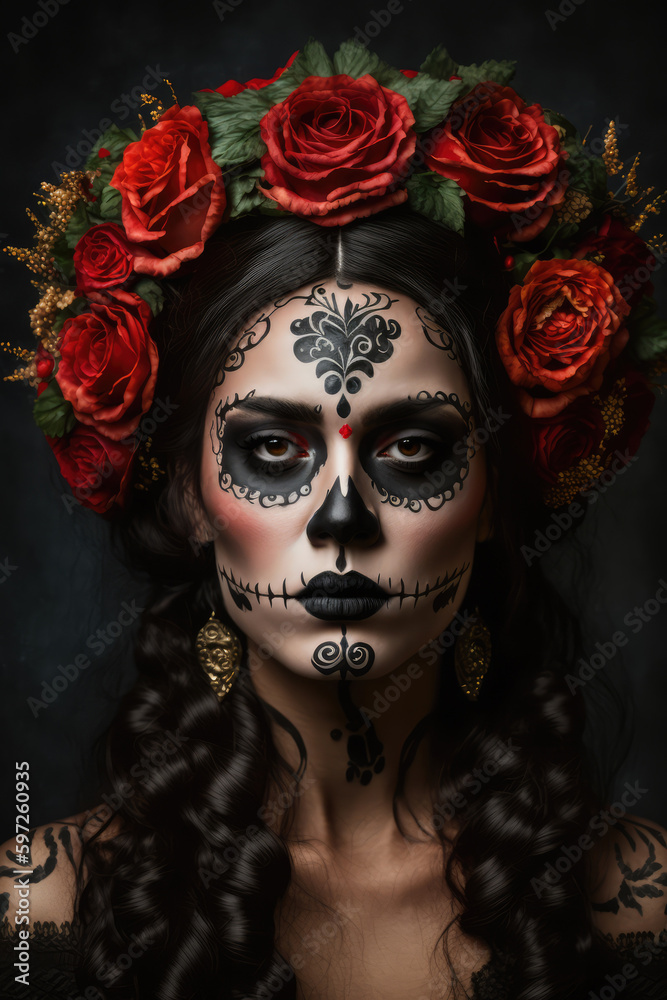 Woman with sugar skull make up and red flowers, Mexican holiday of the dead Generative AI