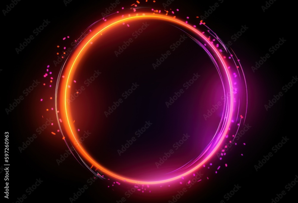 Abstract neon circle, red orange, purple glowing border isolated on a dark background. Colorful light effect. Bright illuminated circle. Abstract neon circle, red orange, purple glowing border isolated on a dark background. Colorful light effect. Bright illuminated circle.