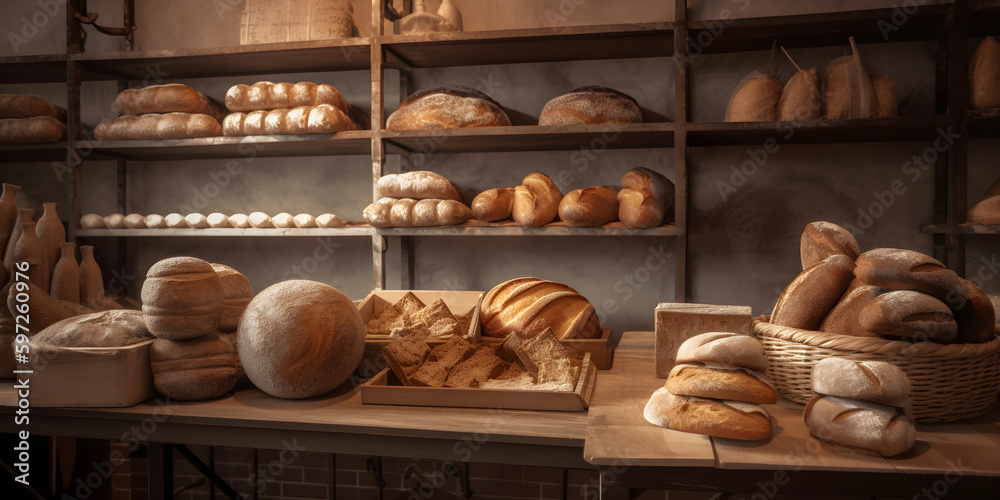 Loaves of fresh baked bread on the shelves of bakehouse. AI generated