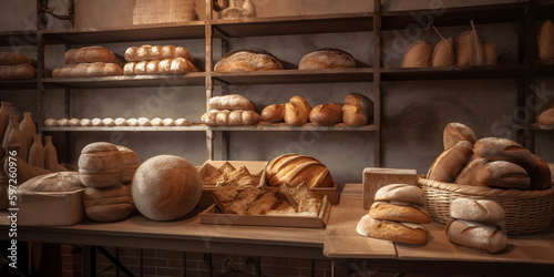Loaves of fresh baked bread on the shelves of bakehouse. AI generated