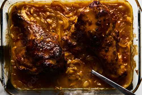 Smothered or stewed Turkey wings in a rectangular baking dish. Roasted to a crisp, the wings lie drowned in a thick gravy with vegetables. Food photo.