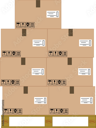 Boxes on wooded pallet vector illustration, flat style warehouse carton boxes stack front view