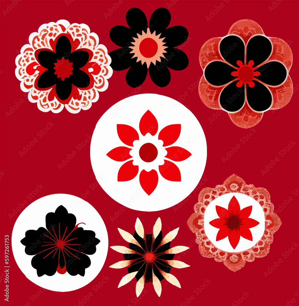 Set of flat floral stickers on a red background. Vector illustration for print	