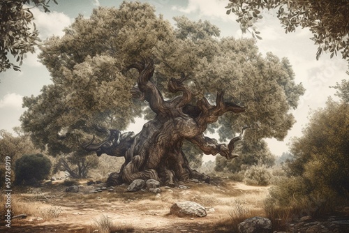 Vintage illustration of Holm Oak from larousse du xxe siecle. Generative AI photo