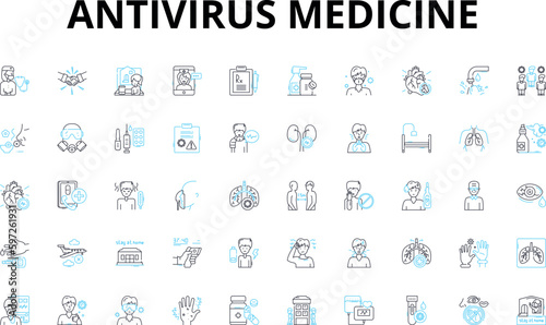 Antivirus medicine linear icons set. Protection, Security, Safety, Defense, Shield, Immunity, Firewall vector symbols and line concept signs. Antiviral,Antimicrobial,Antitoxin Generative AI