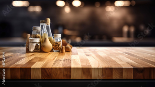 Wood table top on blur kitchen room background. For montage product display or design key visual layout, generative ai © coco