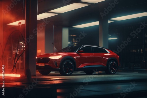 A red SUV charging at a futuristic city charging station. Generative AI