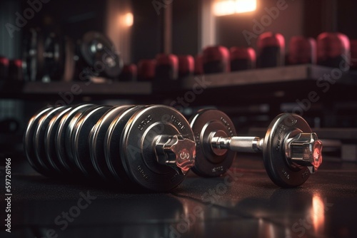 Fitness themed 3D background with dumbbells & barbells for gym workout, sport and exercise after work. Generative AI