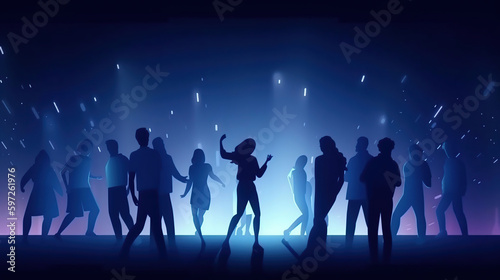 Young happy people are dancing in club. Nightlife and disco concept, generative ai