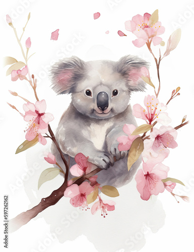 Koala bear, watercolor illustration, asian style, eucalyptus, cherry blossom, digital print, digital asset, nature, wildlife. Generative AI