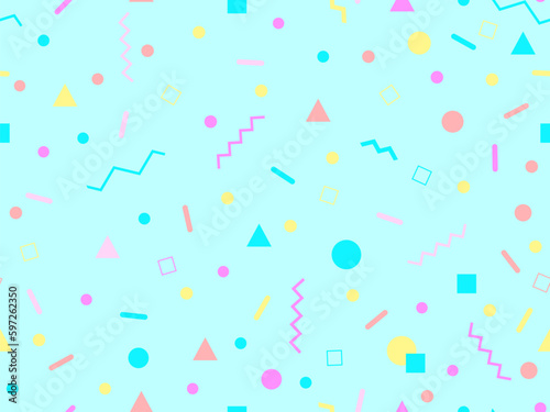 Seamless pattern with geometric shapes in 80s memphis style. Colorful geometric pattern. Design of promotional products, wrapping paper and printing. Vector illustration