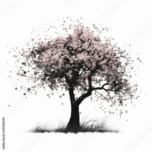 Cherry blossom tree silhouette white background © Enea