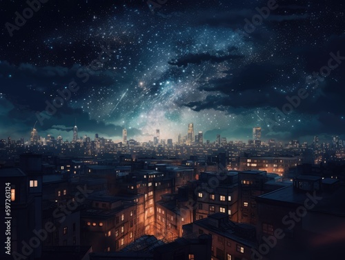 einer Stadt bei Nacht, das mit künstlerischen Illustrationen eines sternenklaren Himmels versehen ist, erzeugt eine träumerische und romantische Stimmung mit funkelnden Lichtern. Generative AI