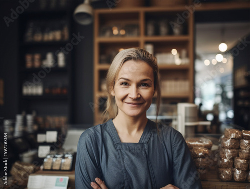 Happy woman, owner of a small store, small business smiling and looking at the camera, standing inside the store. Generative AI