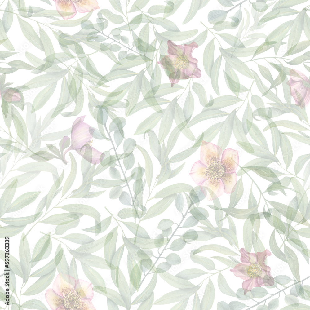 Watercolor seamless pattern of hellebores and plants isolated on white background. Floral illustration for room decor, print, poster, wallpaper, wrapping, scrapbook, design