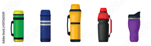 Thermos Bottle or Vacuum Flask as Vessel for Liquid Storage Vector Set