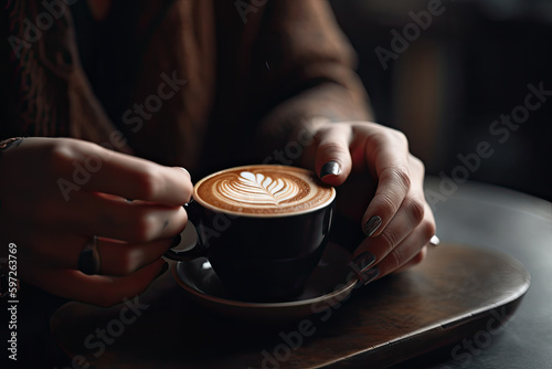 A woman's hands holding a cup of cappuccino coffee on a wooden table in a dimly lit room. Generative Ai