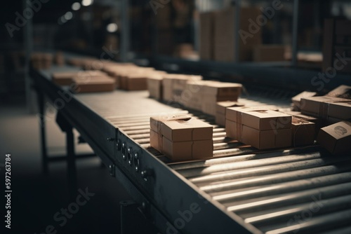 Boxes or packages on conveyor belt with open package. Generative AI