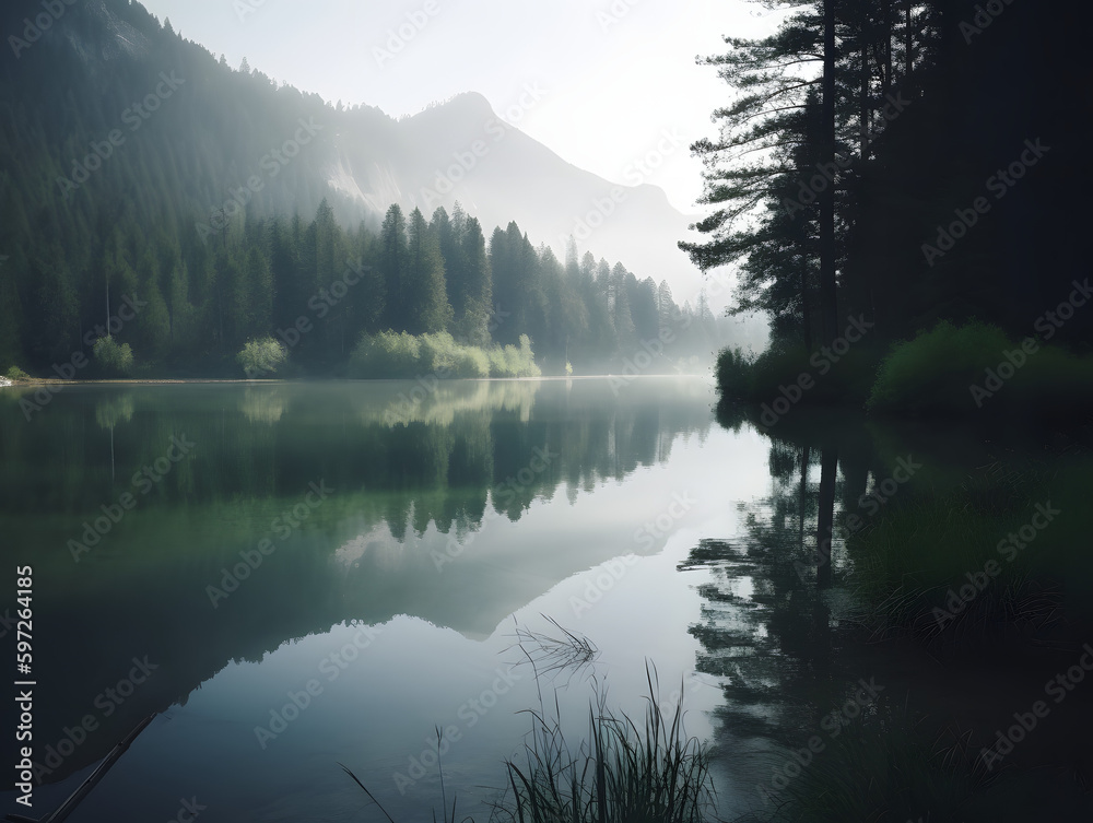 morning on the lake in a forrest, lake, water, landscape, mountain, nature, mountains, sky, reflection, forest, river, tree, snow, travel, trees, view, fog, reflections, green, morning, cloud, summer,