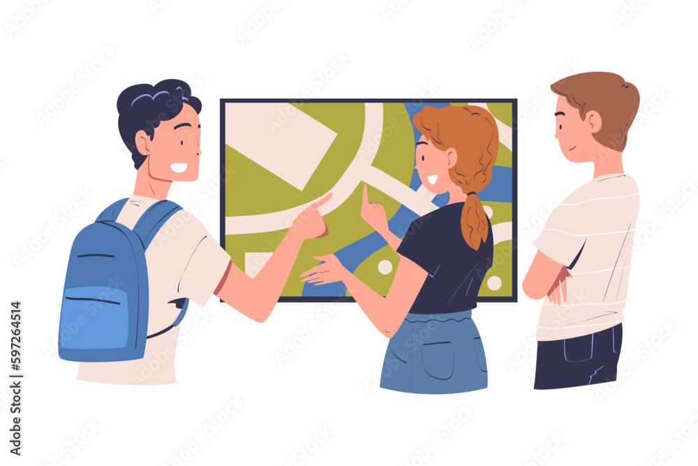 Man and Woman Character Using Information Board with Interactive Map Interface Vector Illustration Man and Woman Character Using Information Board with Interactive Map Interface Vector Illustration